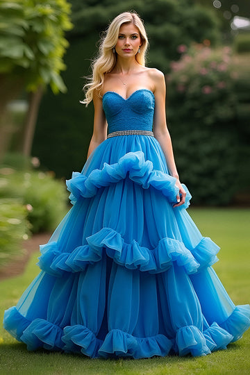 Blå A Line Sweetheart Ruffled Tiered Gallakjole